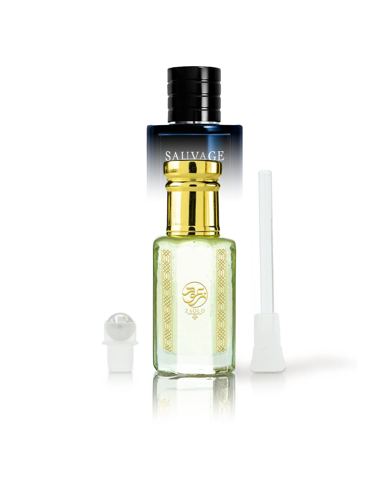 obscur elixir perfume oil bottle beside roller and stick with sauvage elixir bottle behind against white background