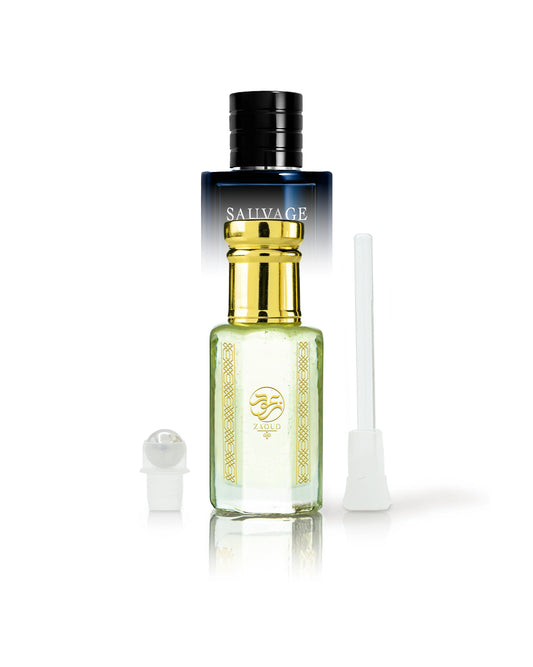 obscur elixir perfume oil bottle beside roller and stick with sauvage elixir bottle behind against white background