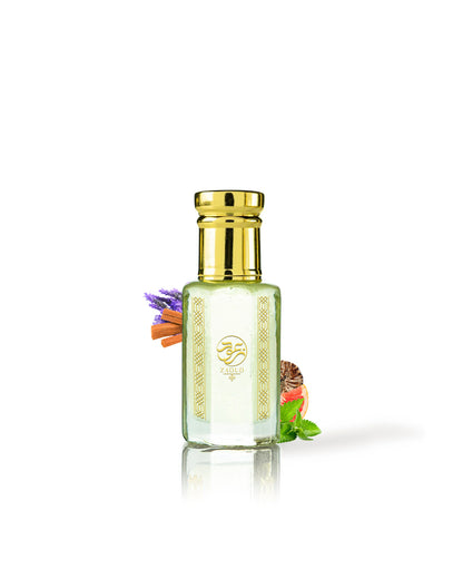 obscur elixir perfume oil bottle surrounded with fragrance notes like patchouli and lavender against white background