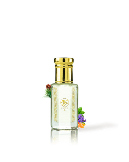 ocean veil perfume oil bottle surrounded with fragrance notes like orange and sage against white background