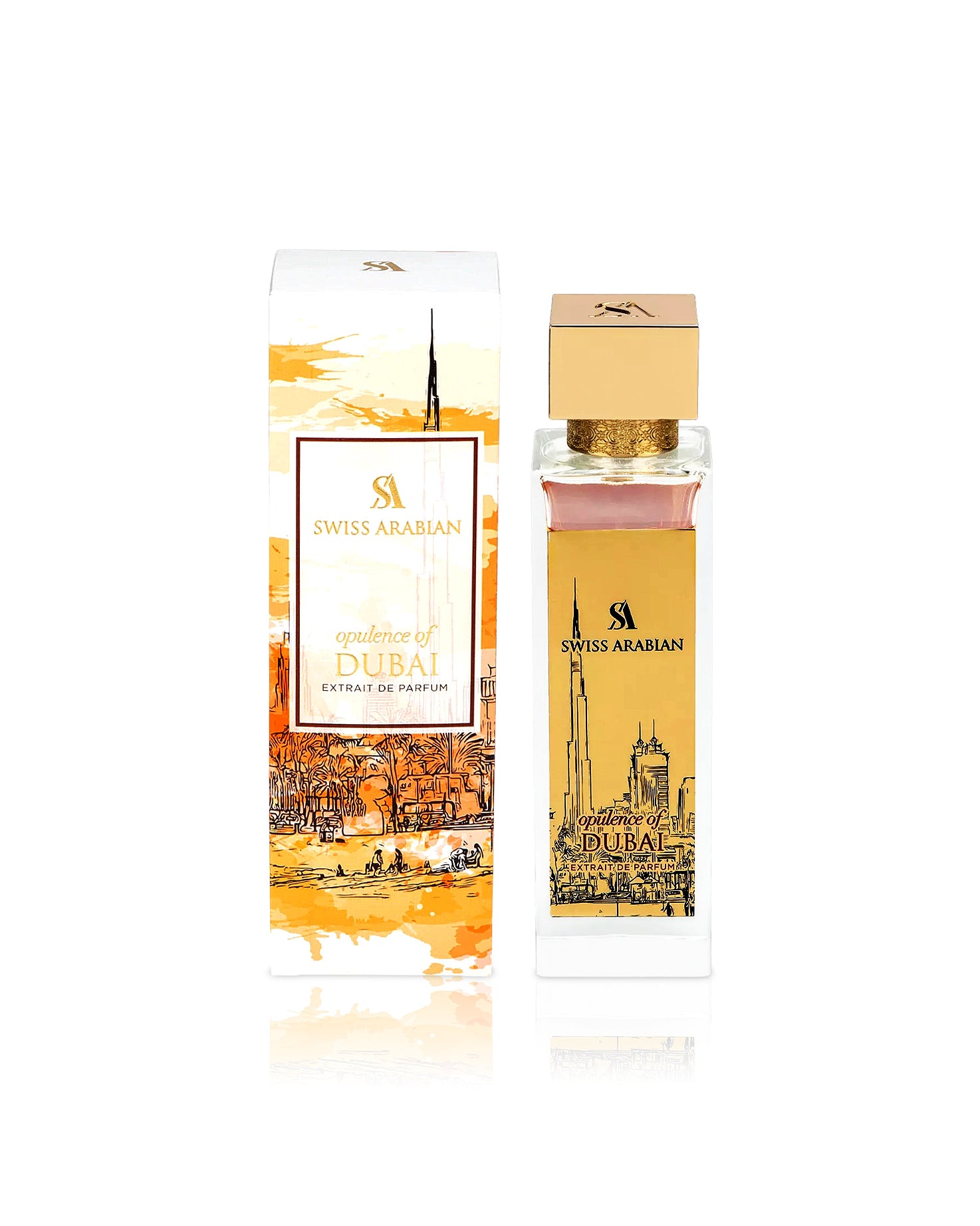 swiss arabian opulence of dubai extrait parfum bottle shows beside its box against white background