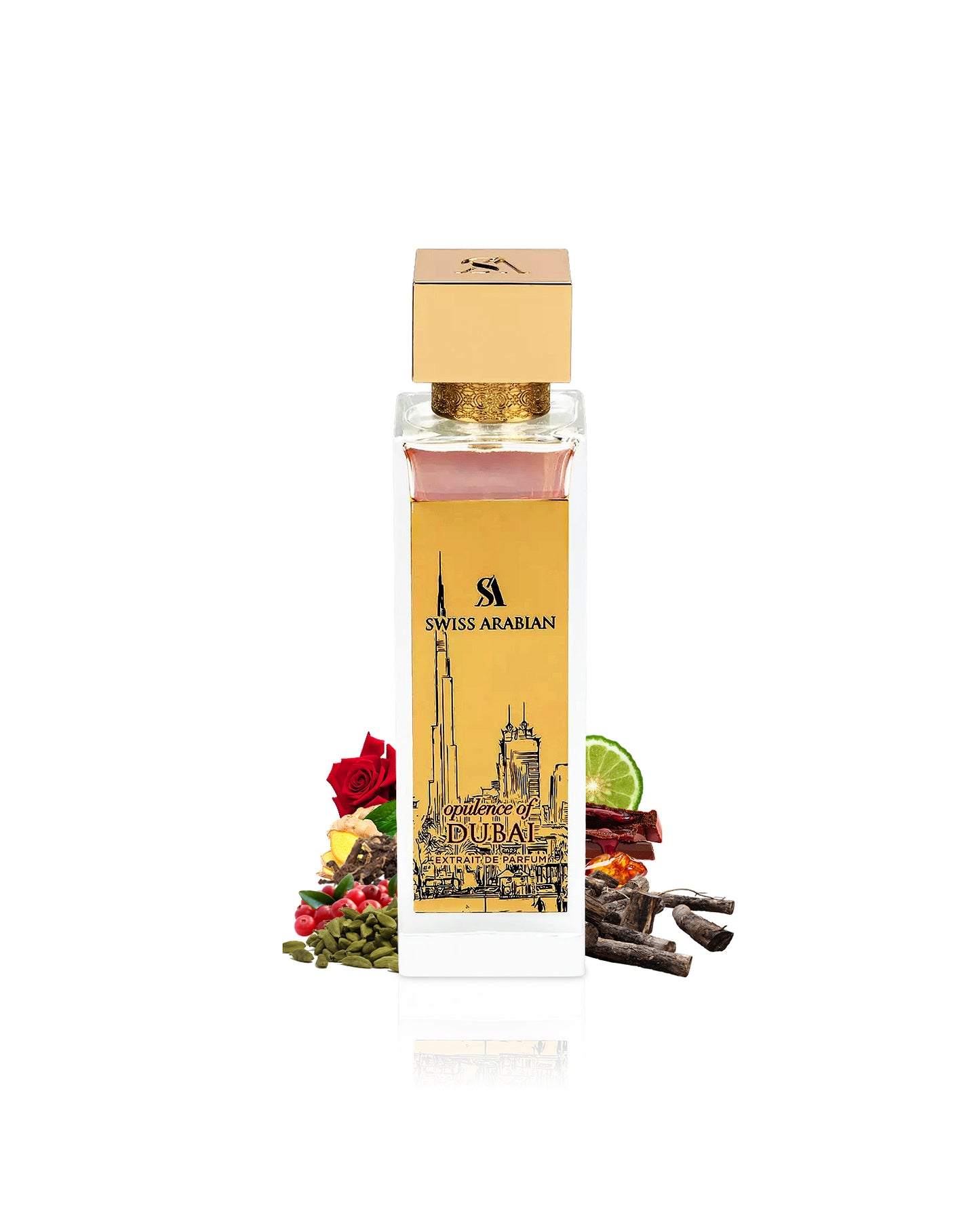 swiss arabian opulence of dubai extrait parfum bottle surrounded with fragrance notes like cardamom and amber shows from behind the bottle against white background