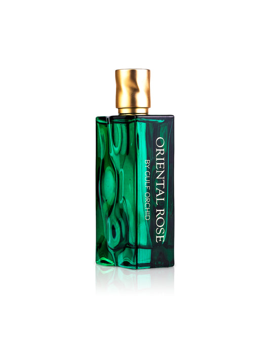 GULF orchid oriental rose Green perfume bottle with gold cap on a white background