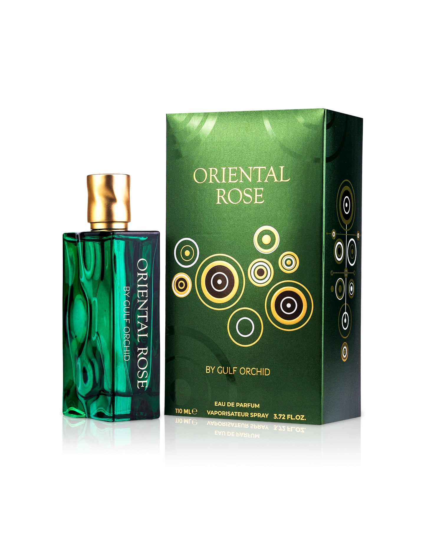 GULF orchid oriental rose Green perfume bottle and packaging with 'Oriental Rose' branding on a white background