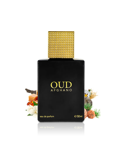 ahmed al maghribi oud afghano perfume bottle surrounded with fragrance notes like jasmine and labdanum shows from behind the bottle against white background