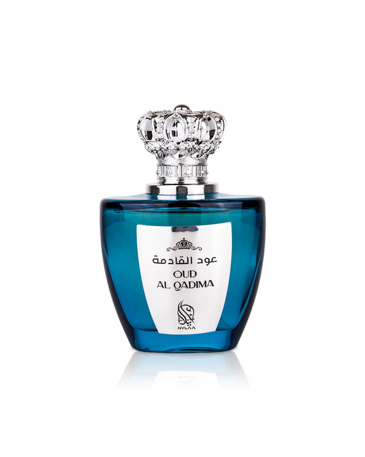 NYLAA oud al qadima Blue perfume bottle with a white label on a white background