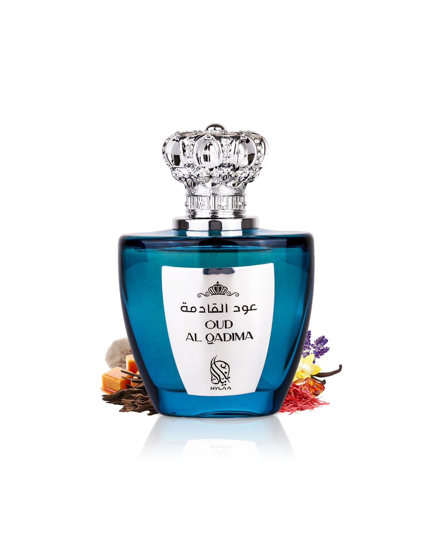 nylaa oud al qadima perfume bottle surrounded with fragrance notes like oud and caramel and saffron shows from behind the bottle against white background