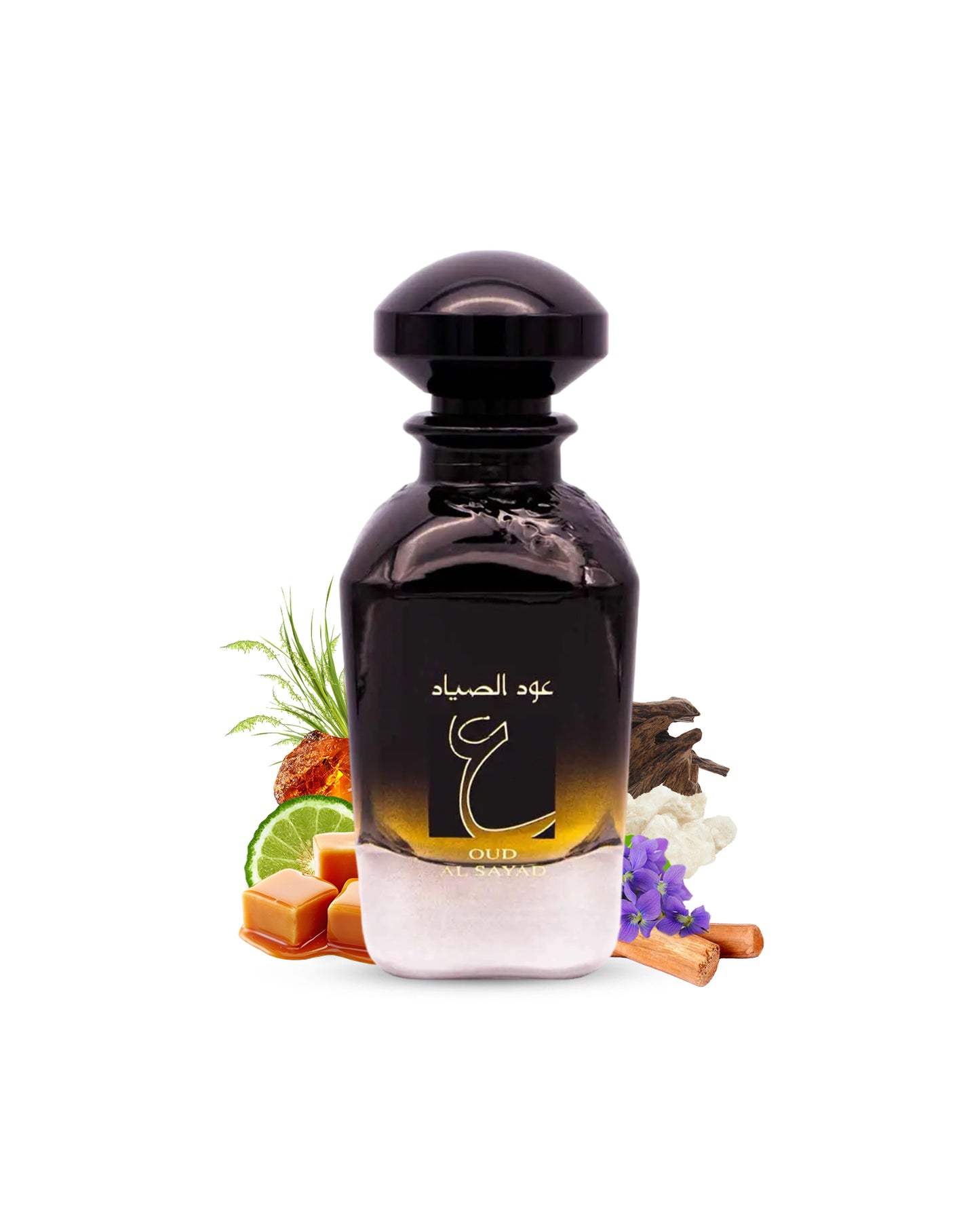 oud al sayed edp by ard al zaafaran perfume bottle surrounded with its ingredients like caramel and citrus with many others shows from behind the bottle against white background