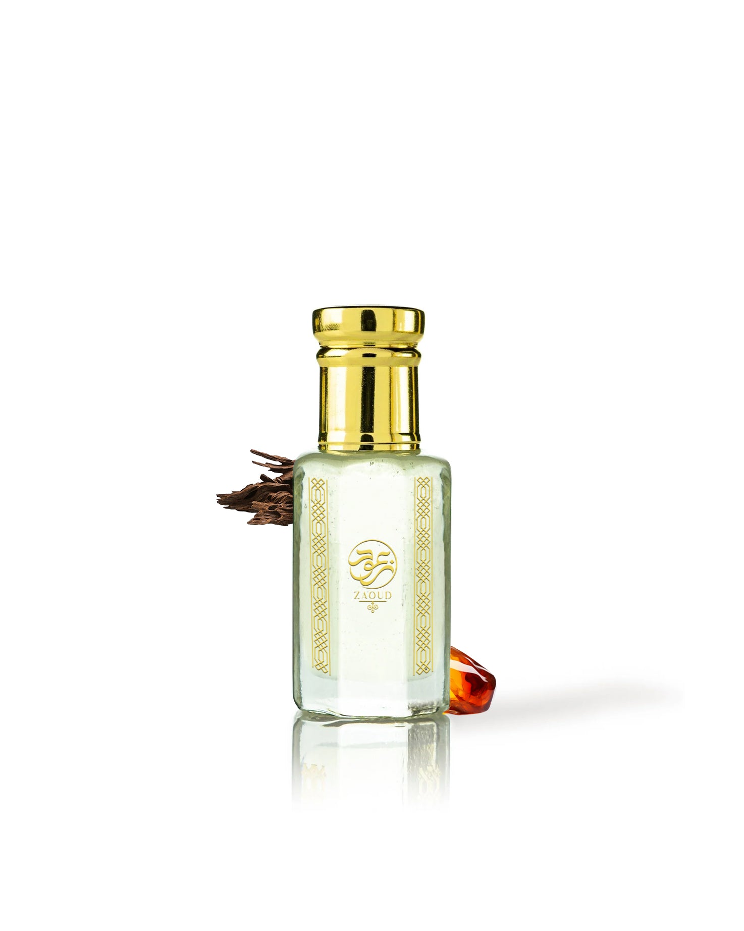 oud assam perfume oil bottle surrounded by fragrance notes like oud and amber shows against white background