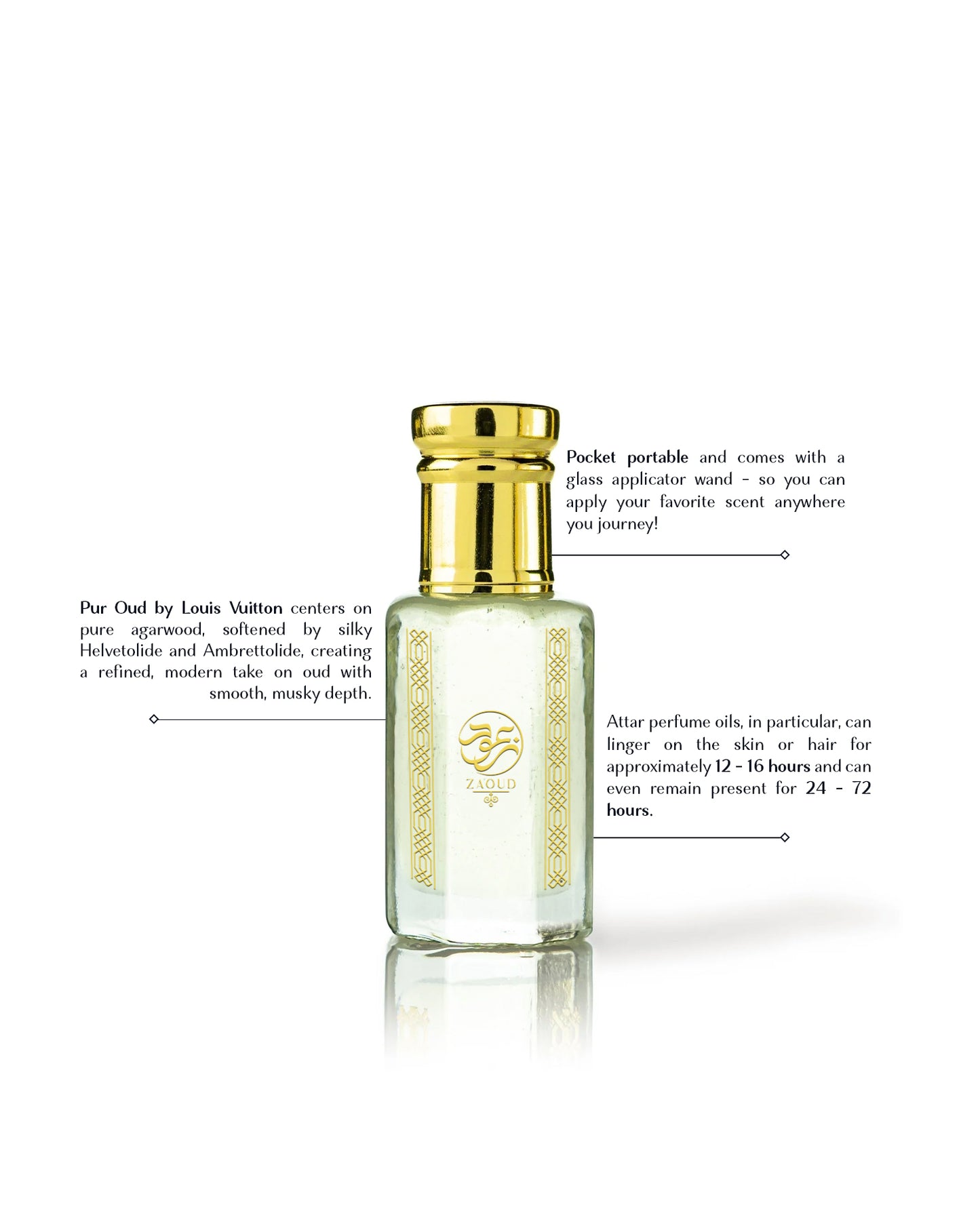 oud assam perfume oil bottle with golden cap beside written fragrance informations against white background
