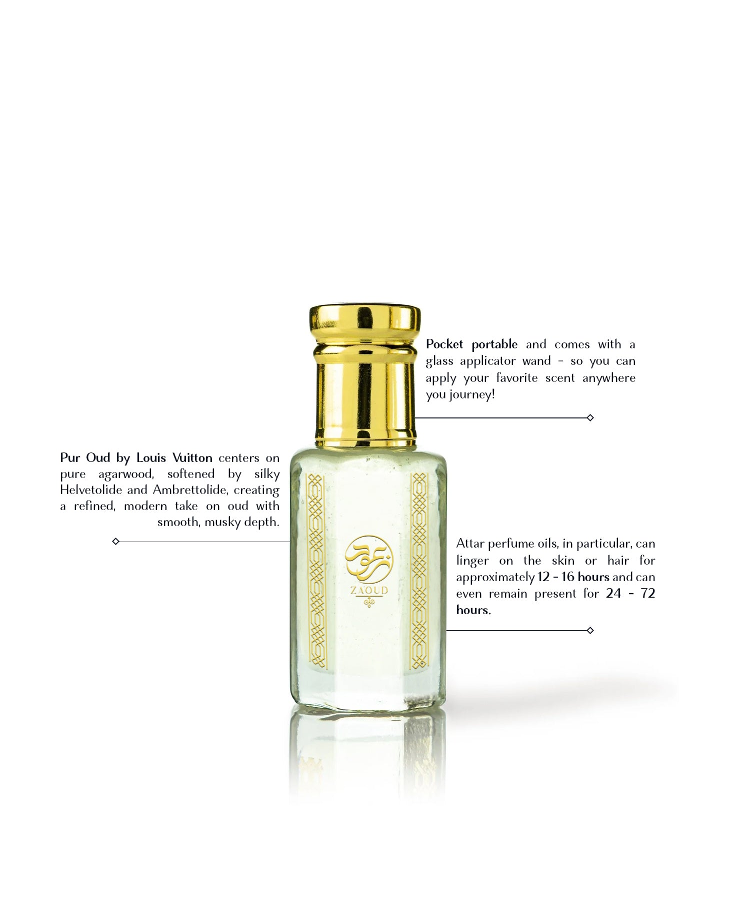 oud assam perfume oil bottle with golden cap beside written fragrance informations against white background