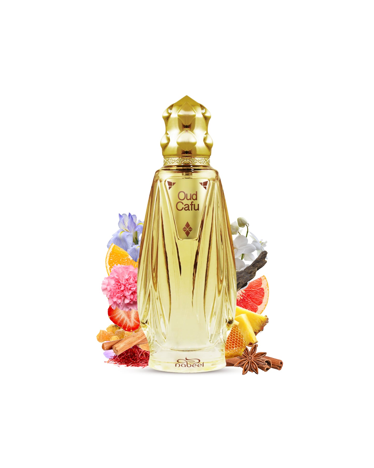 oud cafu edp by nabeel golden glass perfume bottle surrounded with it's ingredients like saffron and spices showing from behind the bottle against white background