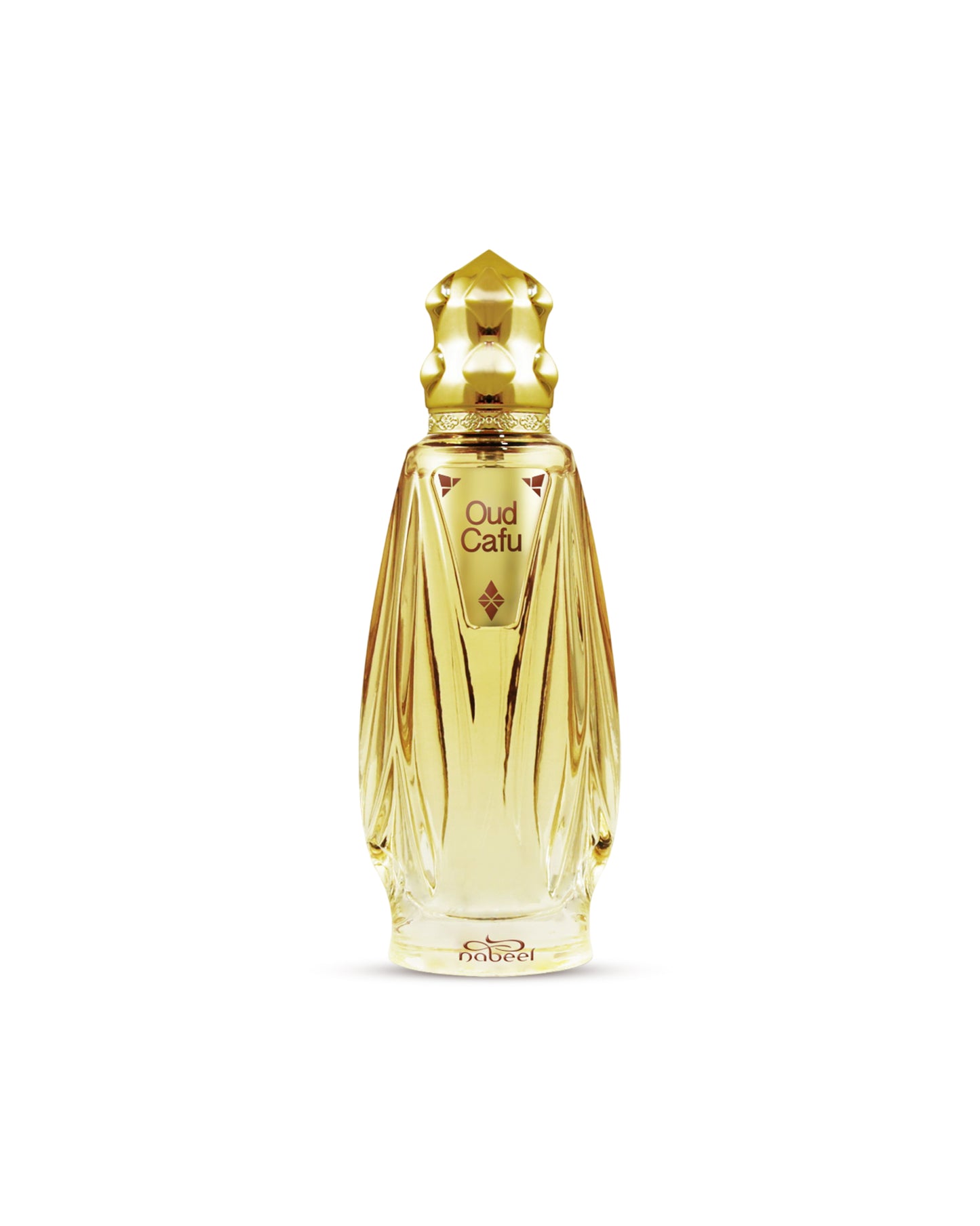 oud cafu edp by nabeel golden glass perfume bottle showing against white background