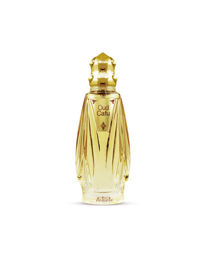 oud cafu edp by nabeel golden glass perfume bottle showing against white background