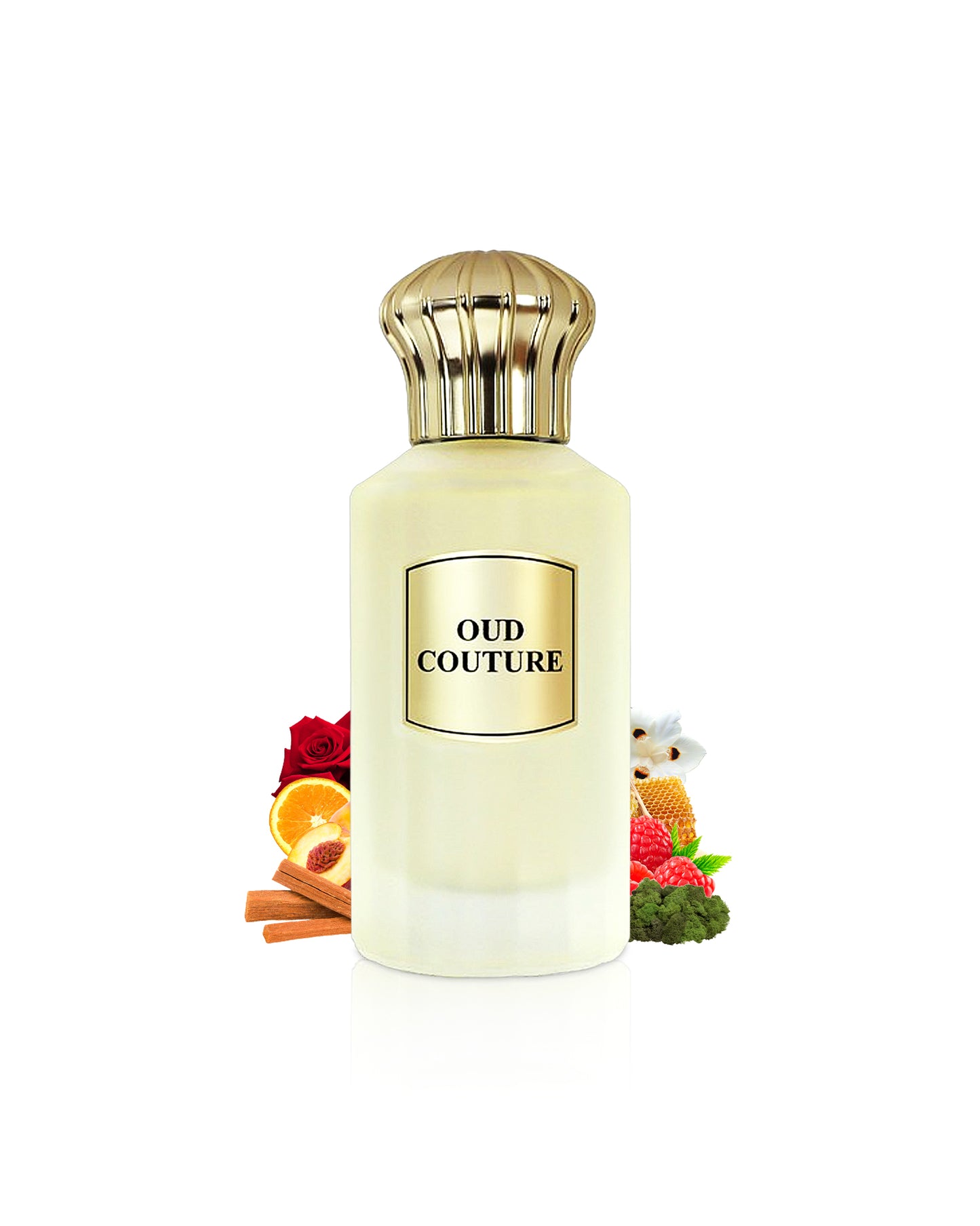 ahmed al maghribi oud couture perfume botte surrounded with fragrance notes like rose and orange shows from behind the bottle against white background