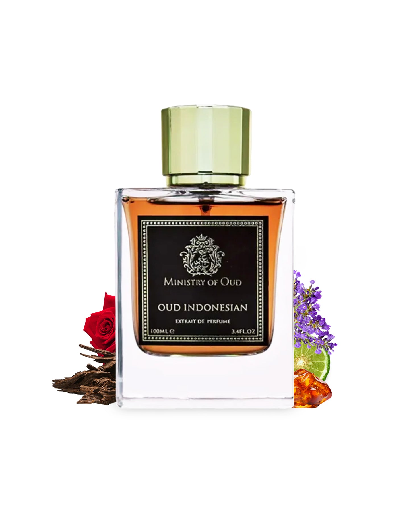 oud indonesian extrait de parfum by ministry of oud perfume bottle surrounded with its ingredients like oud and rose with many others shows from behind the bottle against white background