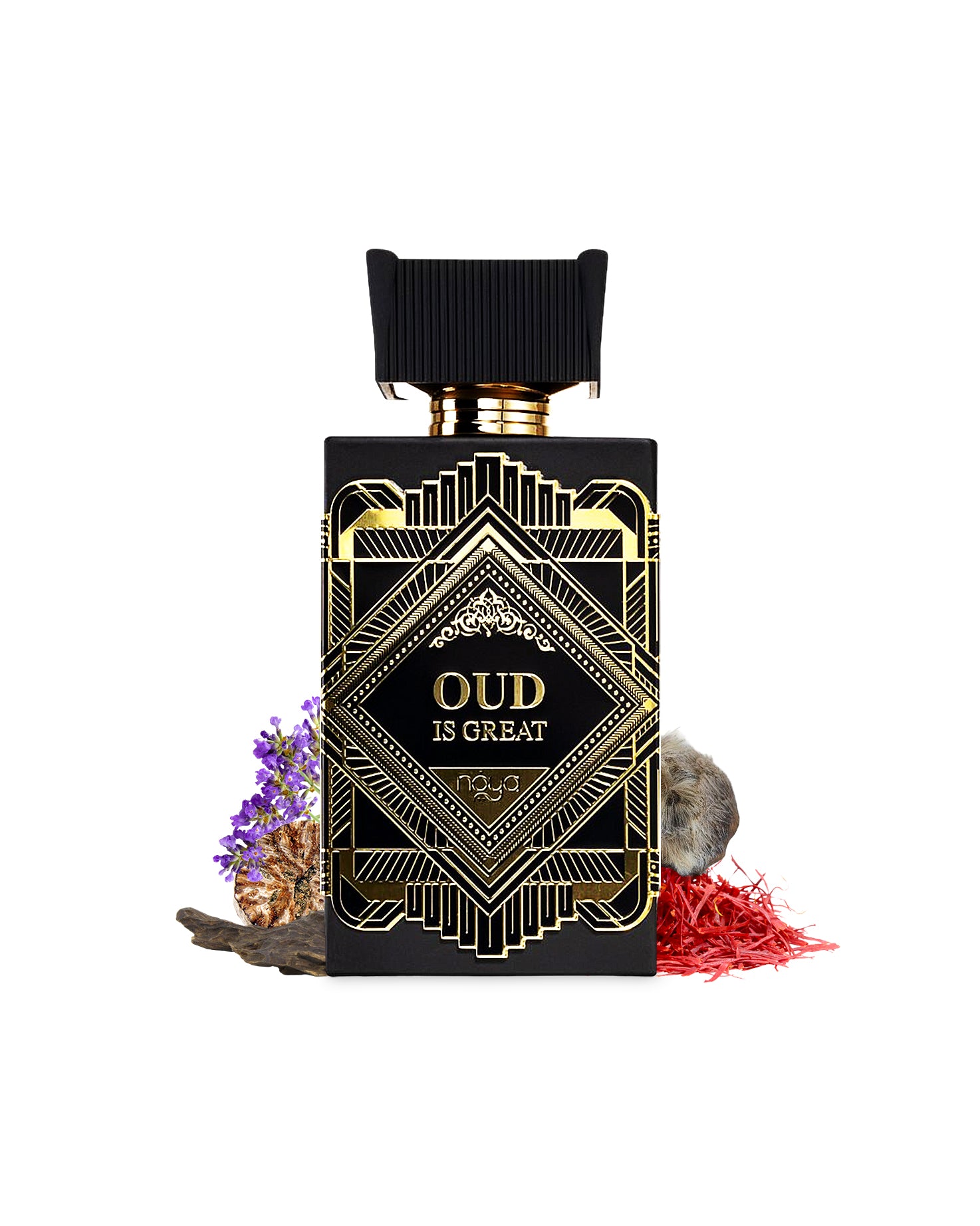 oud is great extrait de parfum by zimaya perfume bottle surrounded with its ingredients like oud and nutmeg shows from behind the bottle against white background