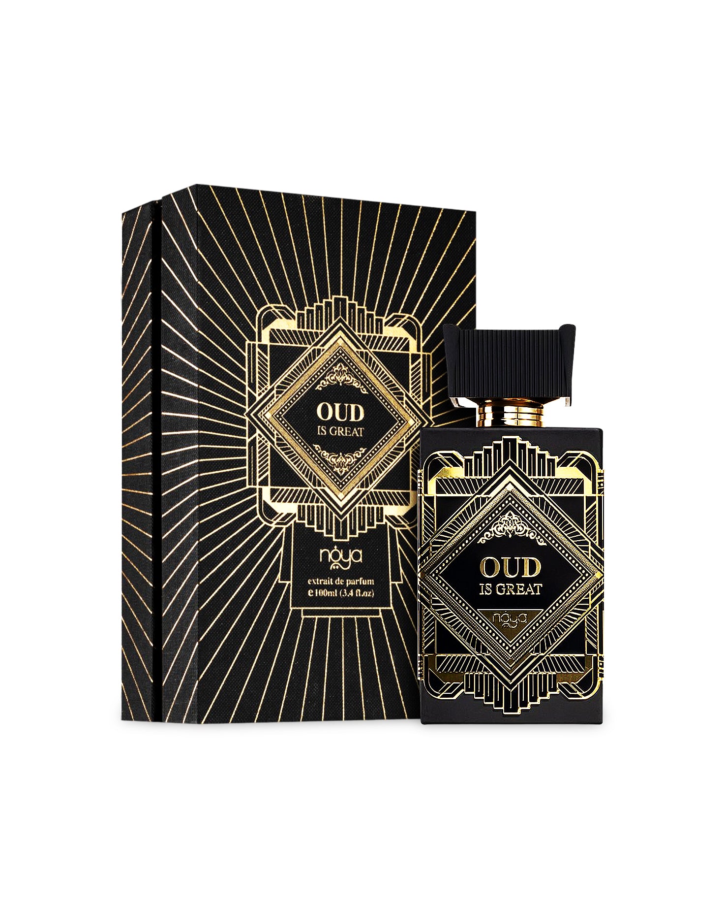 oud is great extrait de parfum by zimaya perfume bottle shows beside its box against white background