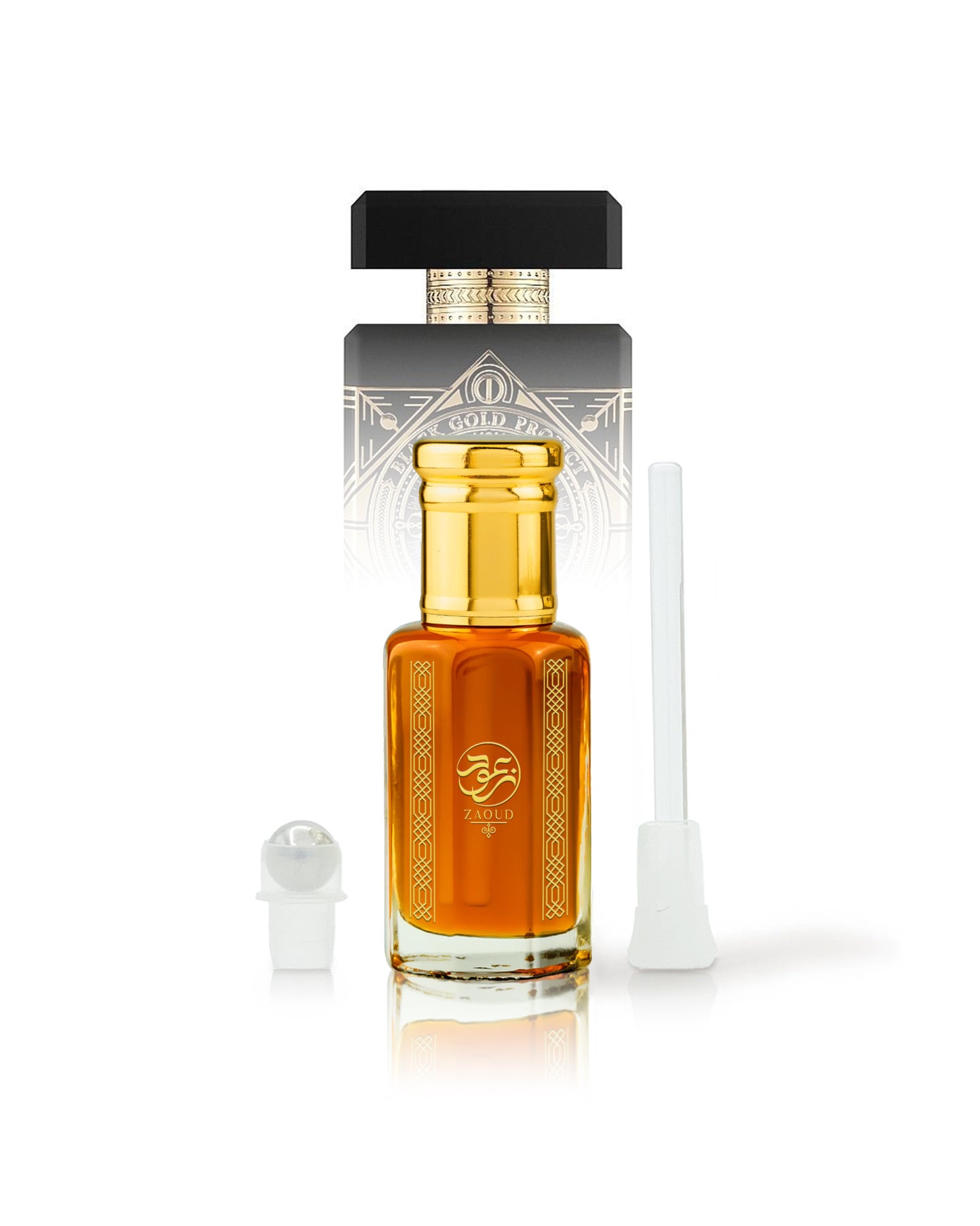 oud kalon perfume oil bottle beside roller and stick with initio oud for greatness bottle behind against white background
