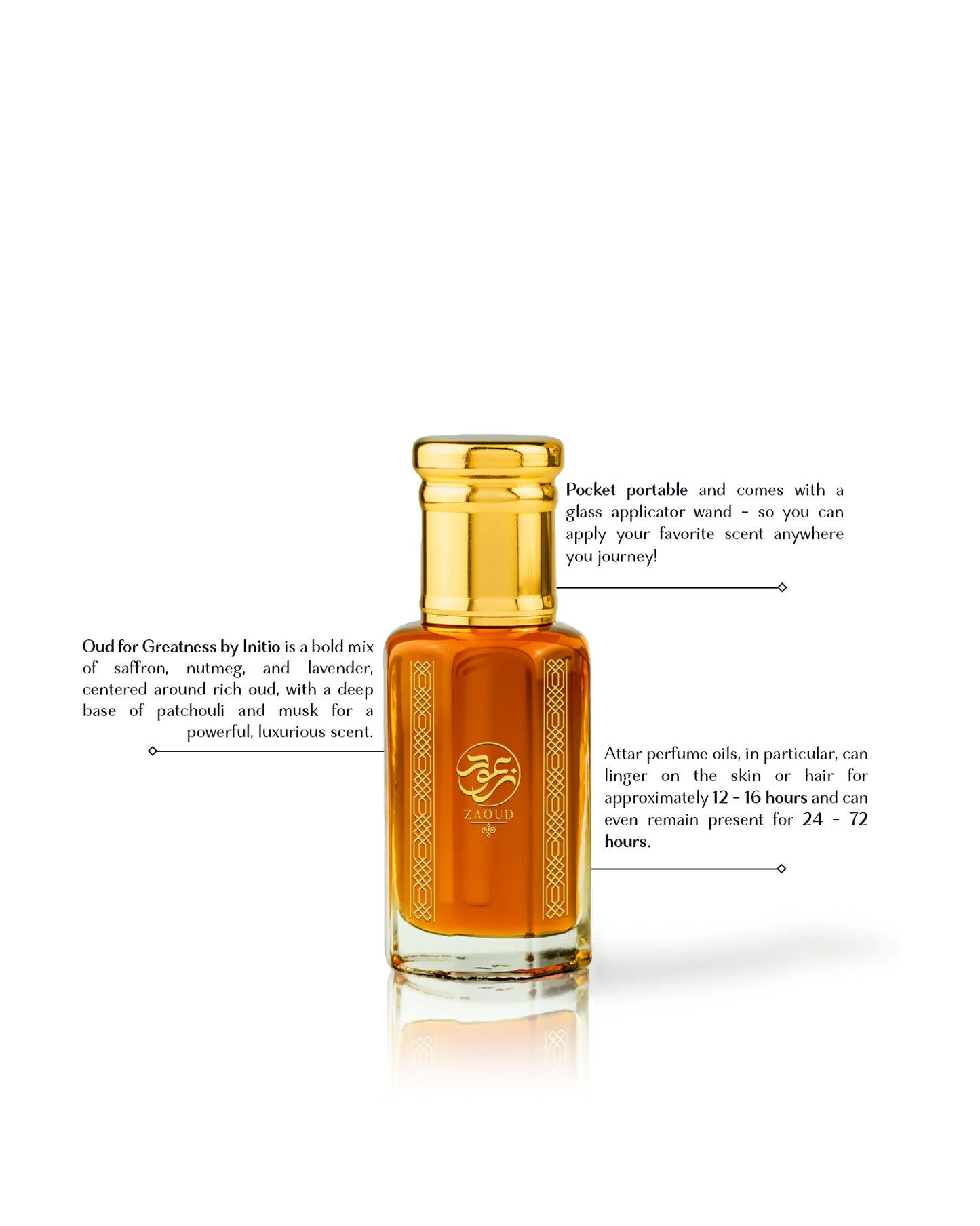 oud kalon perfume oil bottle beside written fragrance informations against white background
