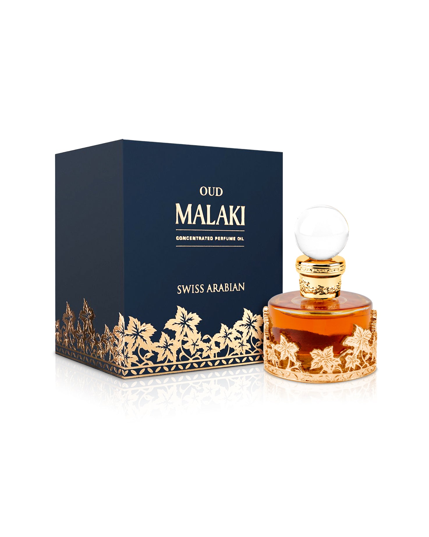 swiss arabian oud malaki perfume oil bottle shows beside its box against white background