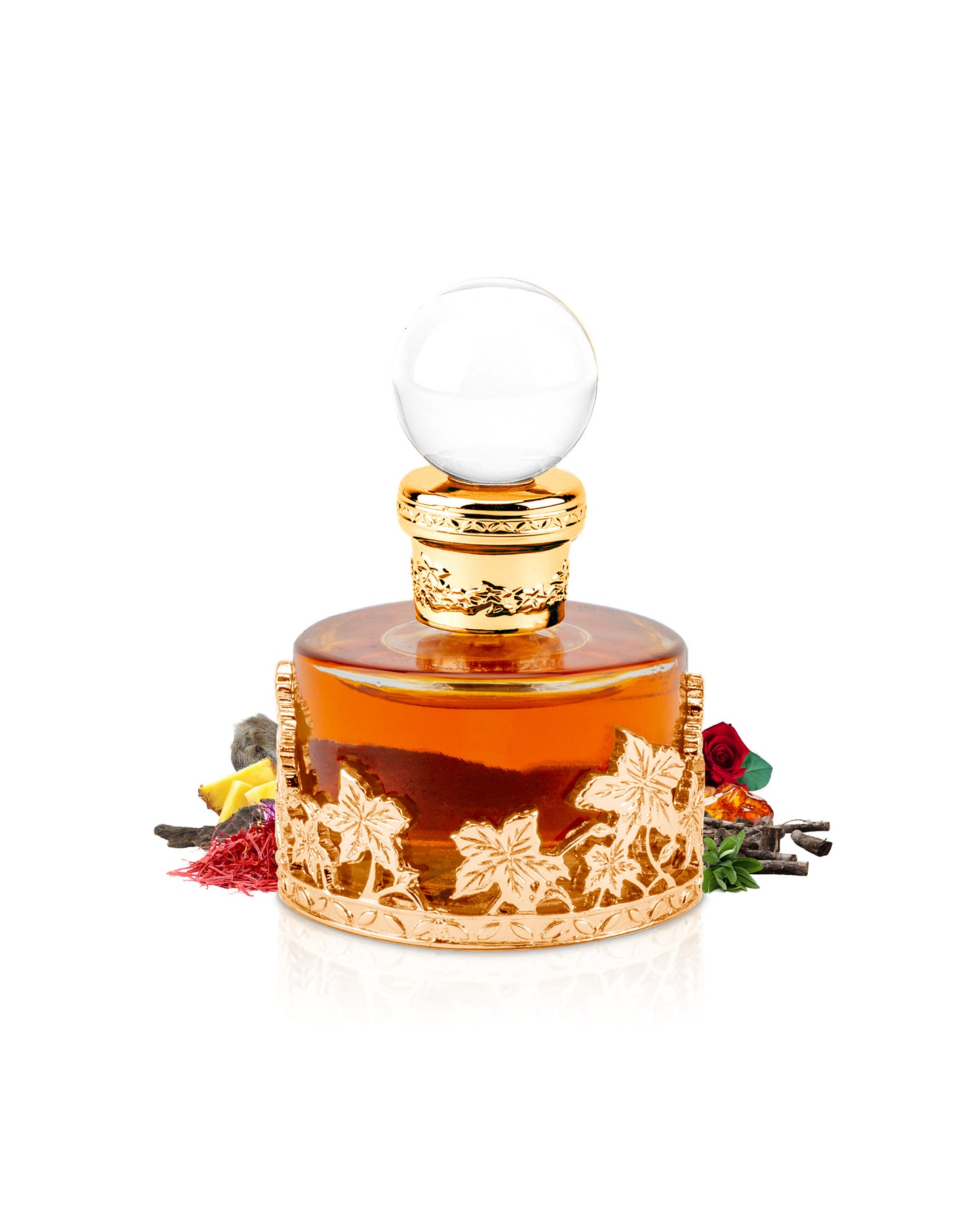 swiss arabian oud malaki perfume oil bottle surrounded with its ingredients like ous and rose with many others like saffron shows from behind the bottle  against white background