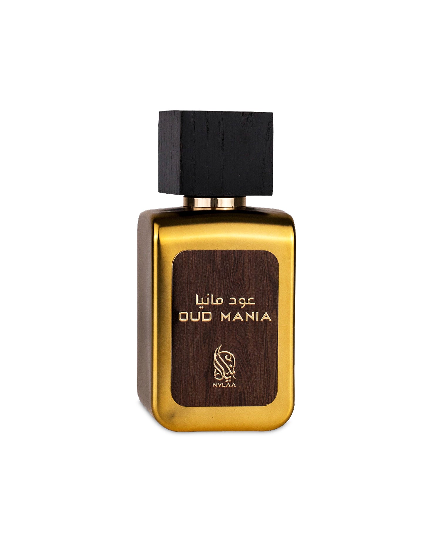 nylaa oud mania perfume bottle shows against white background