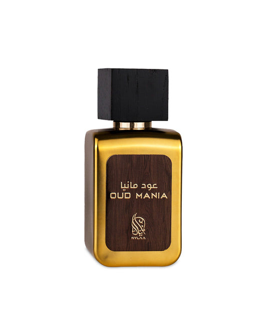 nylaa oud mania perfume bottle shows against white background