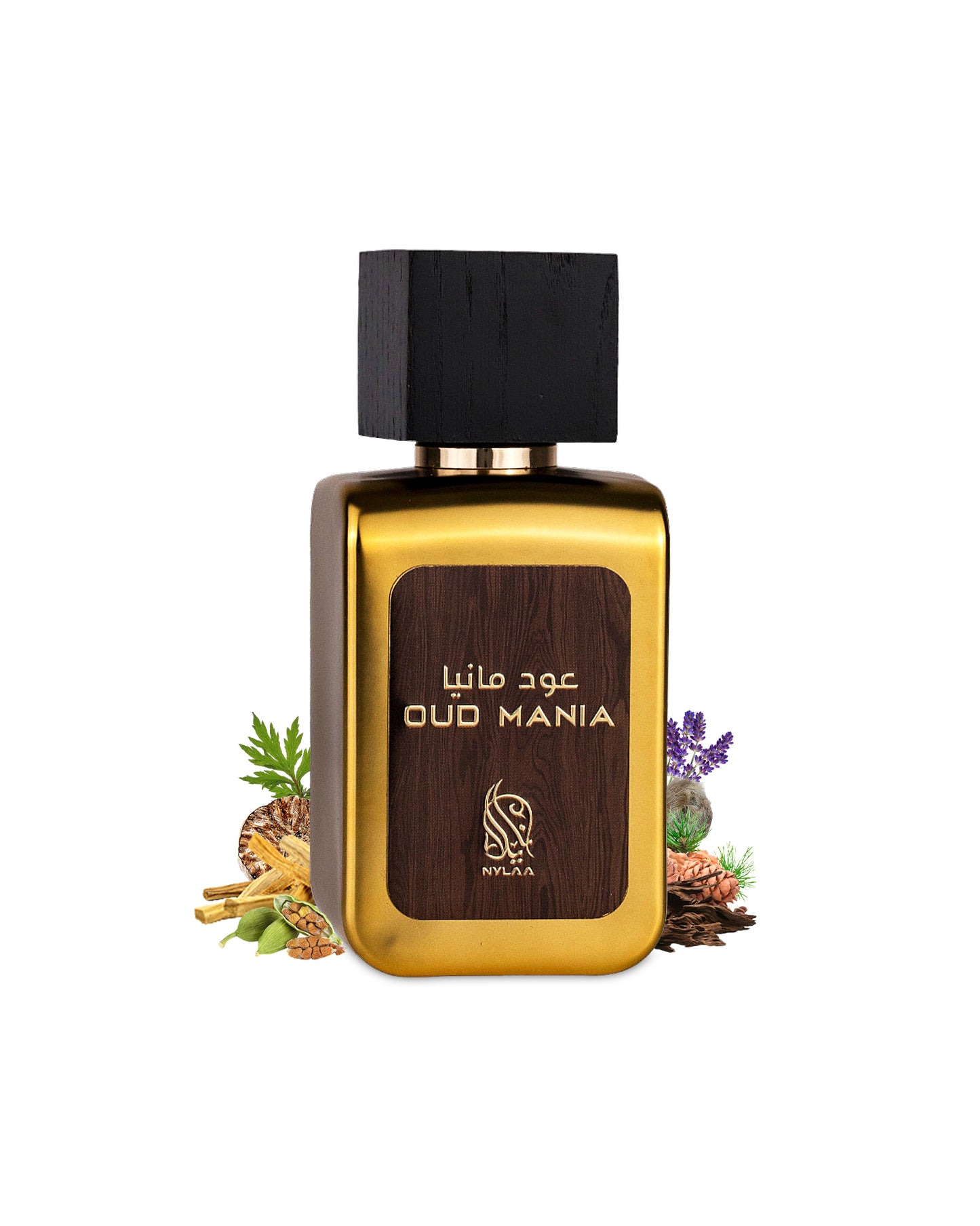 nylaa oud mania perfume bottle surrounded with fragrance notes like nutmeg and cardamom shows from behind the bottle against white background