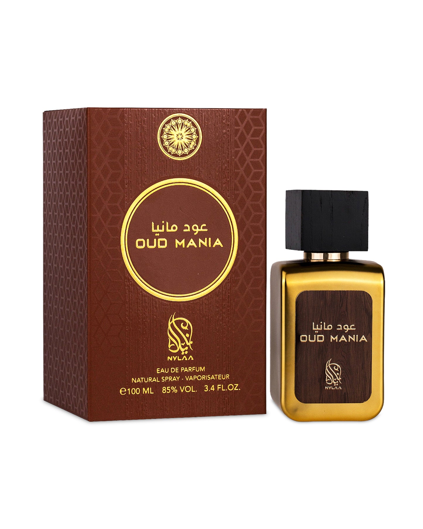 nylaa oud mania perfume bottle shows beside the box against white background