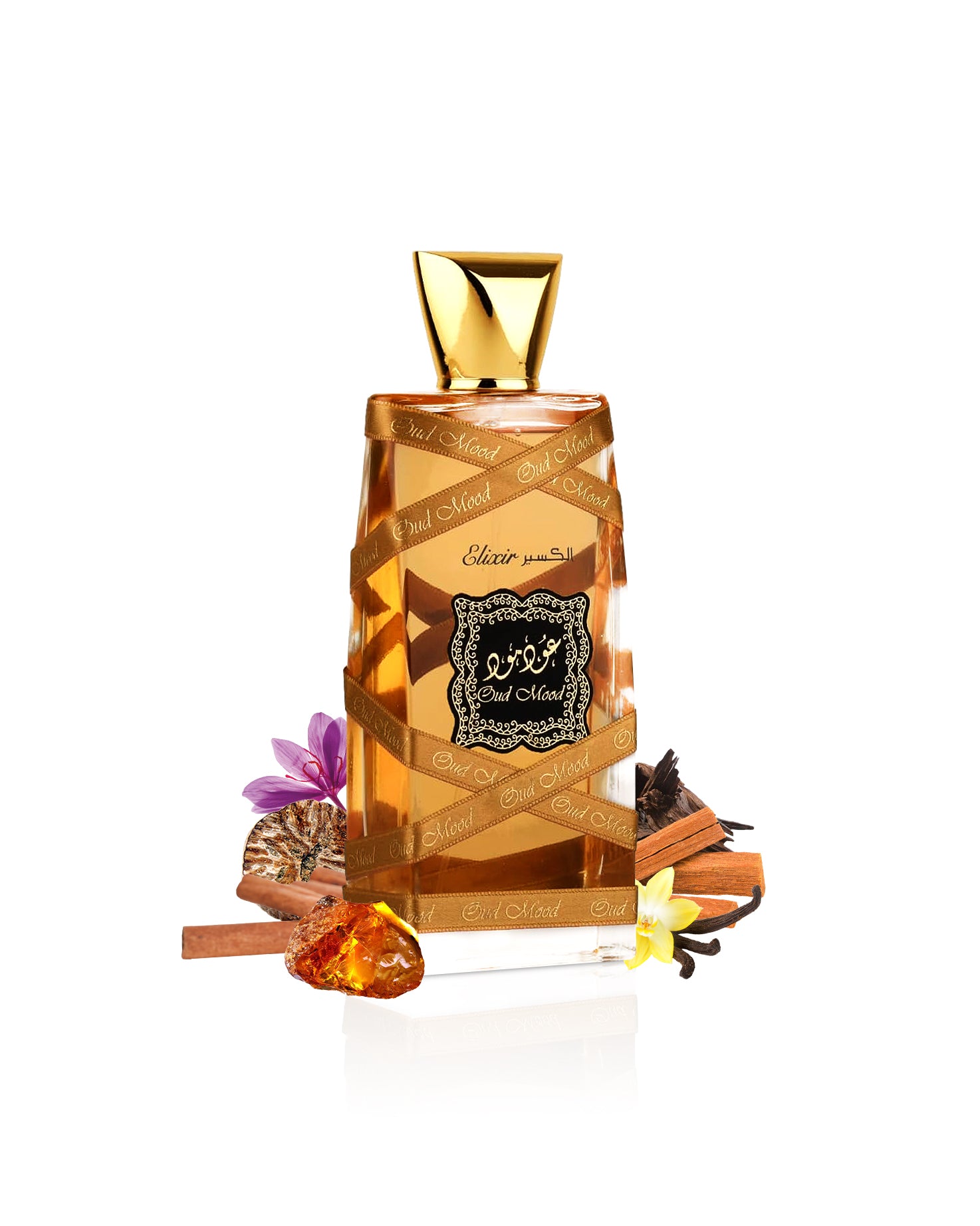 lattafa oud mood elixir perfume bottle surrounded with saffron and amber shows from behind the bottle against white background