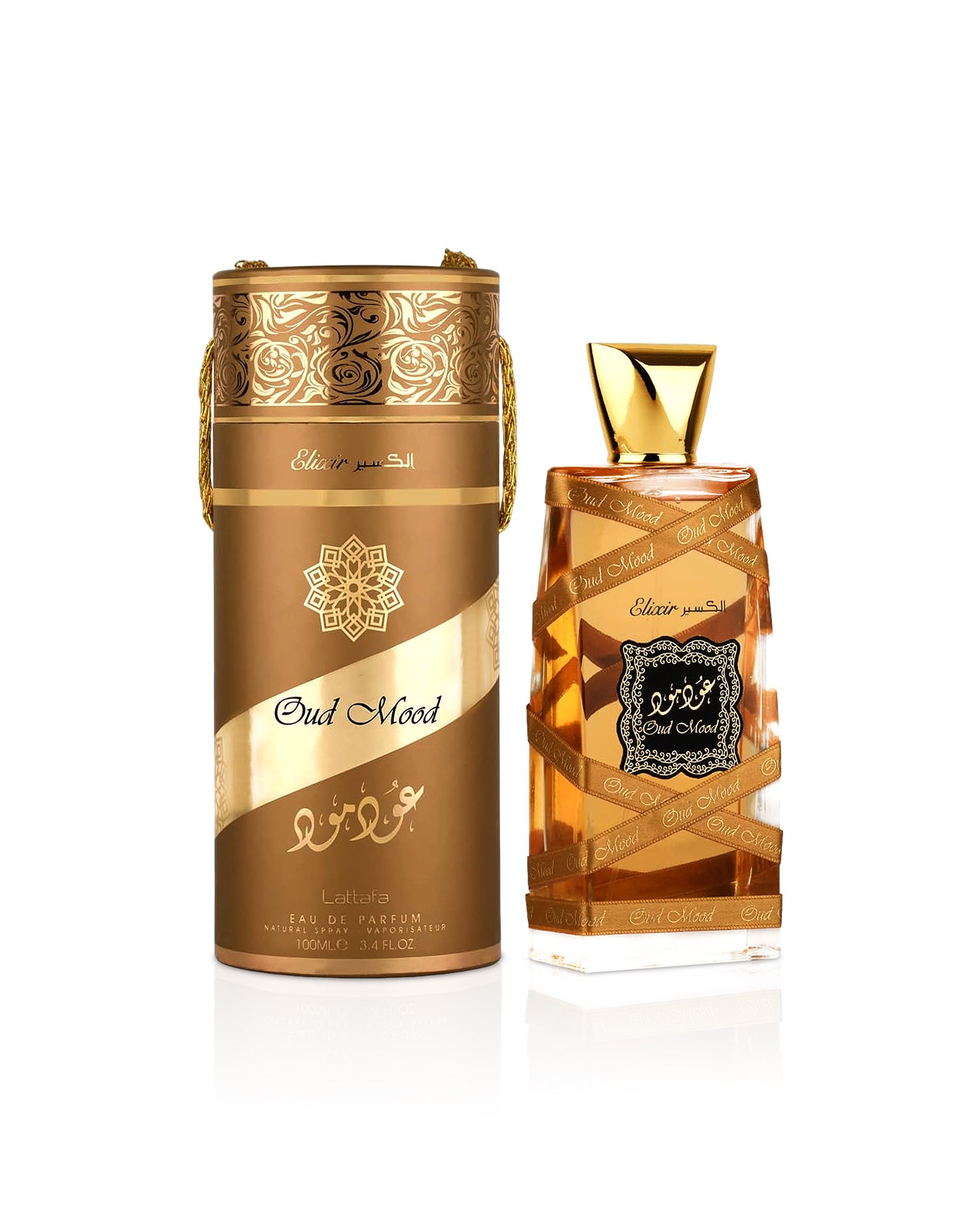 lattafa oud mood elixir perfume bottle shows beside its box against white background