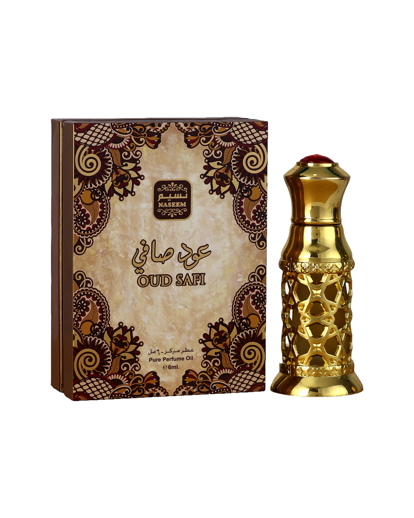 oud safi perfume oil golden colour botttle beside its box shows against white background