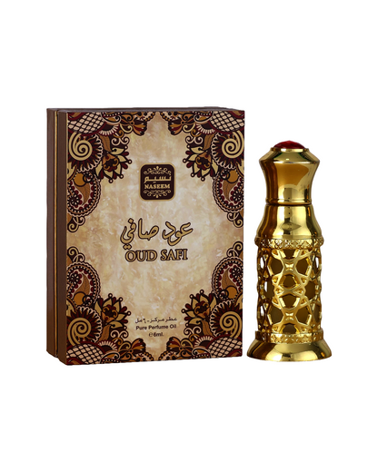 oud safi perfume oil golden colour botttle beside its box shows against white background