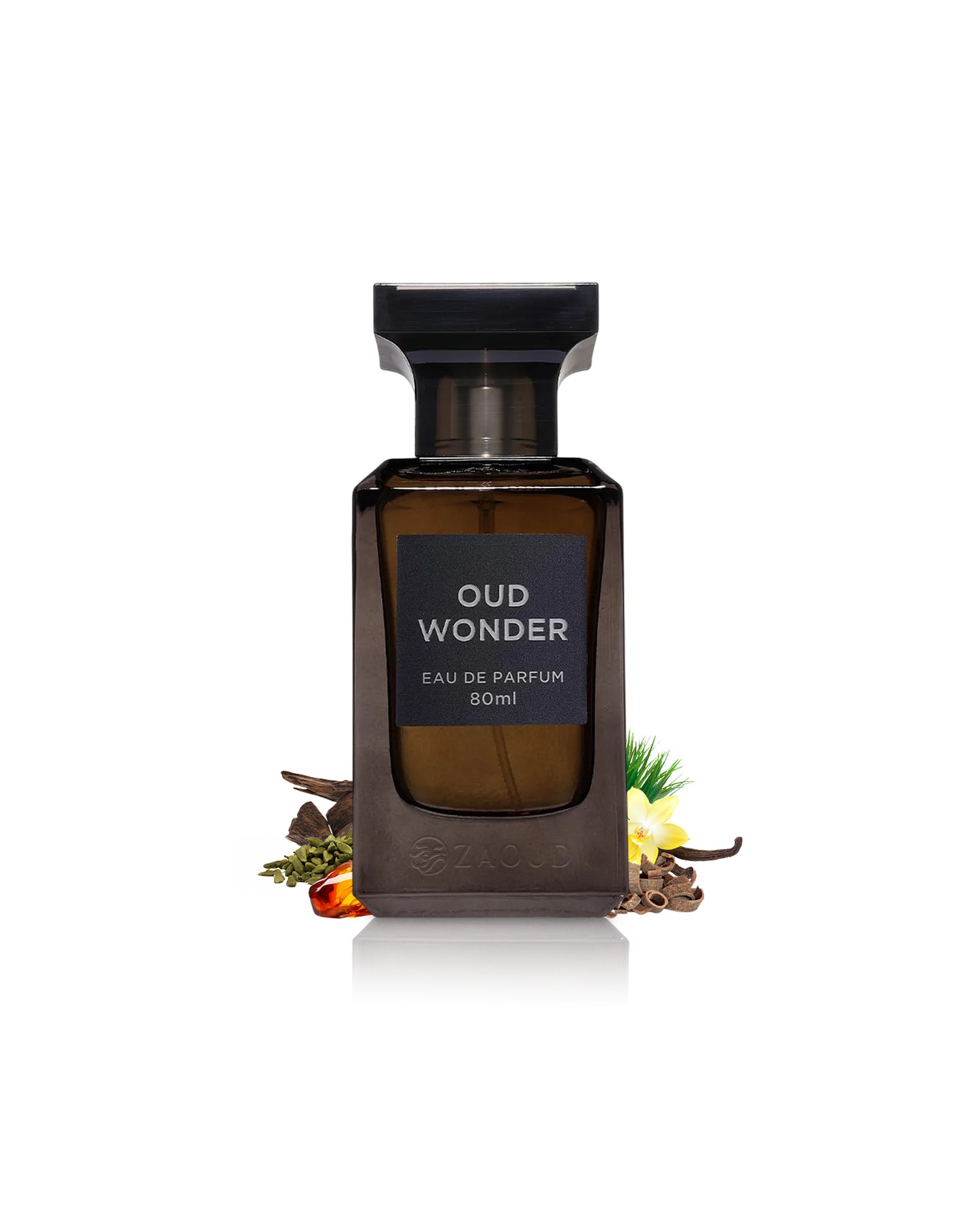 oud wonder perfume bottle surrounded with fragrance notes like amber and vanilla shows against white background