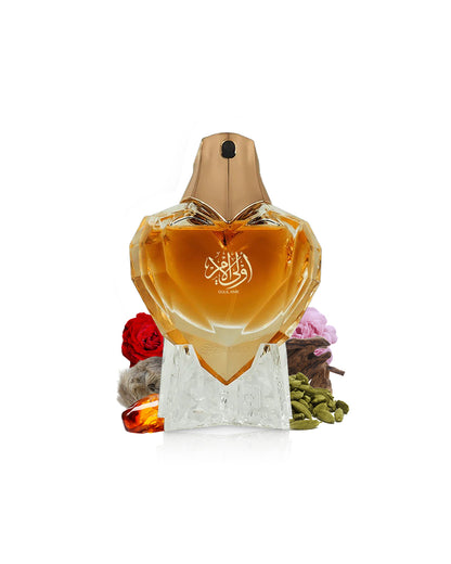 ahmed al maghribi oulil amr Perfume bottle with decorative base and flowers on a white background