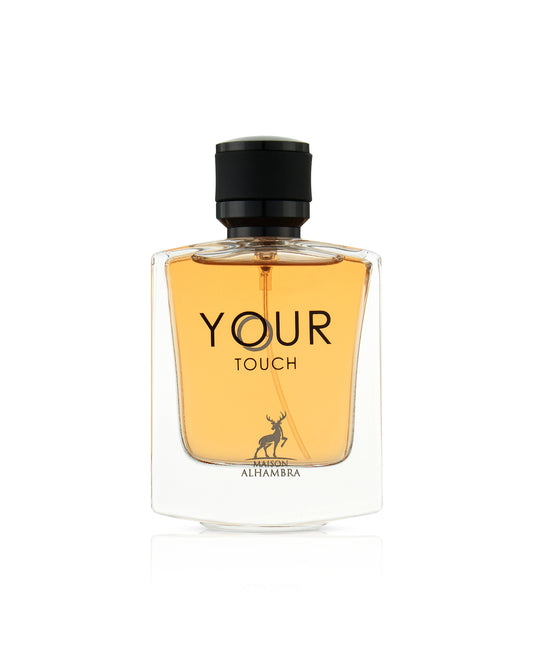 Perfume bottle labeled 'Your Touch' by maison Alhambra on a white background