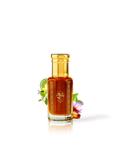 outcast perfume bottle with golden cap surrounded by fragrance notes like amber and saffron shows against white background