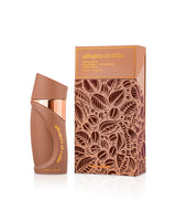 paris corner affogato al caffe Brown perfume bottle and packaging with coffee bean design on a white background