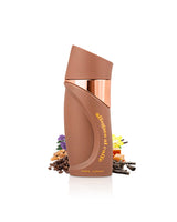paris corner affogato al caffe Brown perfume bottle with decorative elements like caffe and vanilla on a white background