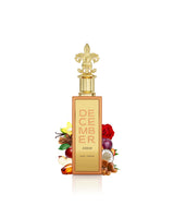 paris corner december amber perfume bottle surrounded by fragrance notes like amber and fruits shows against white background