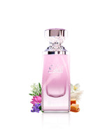 paris corner eshal musk perfume bottle surrounded with fragrance notes like caramel and musk shows against white background