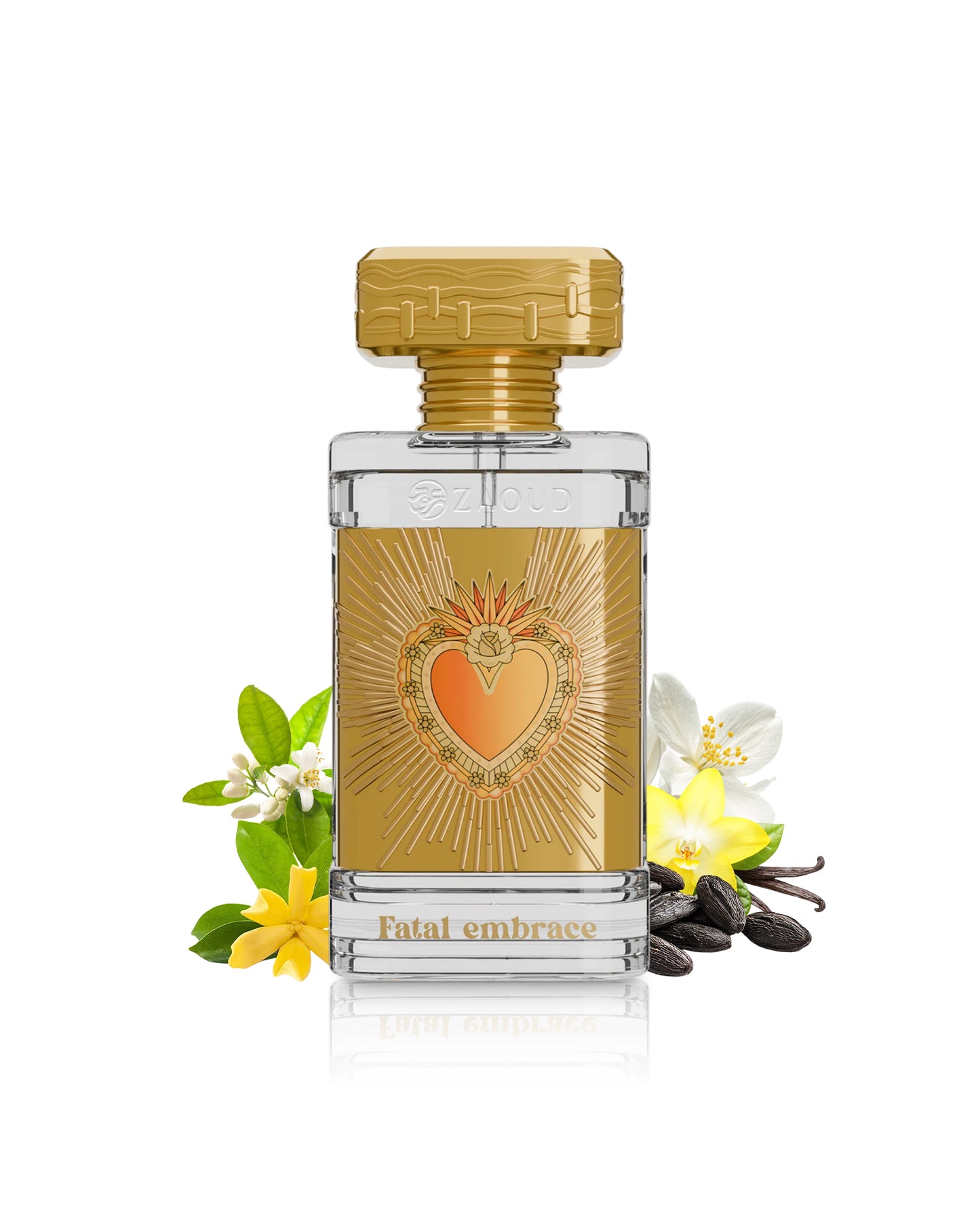 paris corner fatal embrace perfume bottle surrounded by fragrance notes like jasmine and tonka  shows against white background