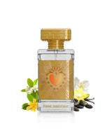 paris corner fatal embrace perfume bottle surrounded by fragrance notes like jasmine and tonka  shows against white background