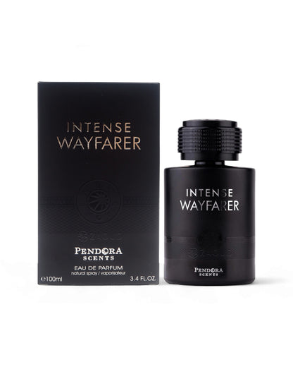 Black 'Intense Wayfarer' perfume bottle and packaging on a white background