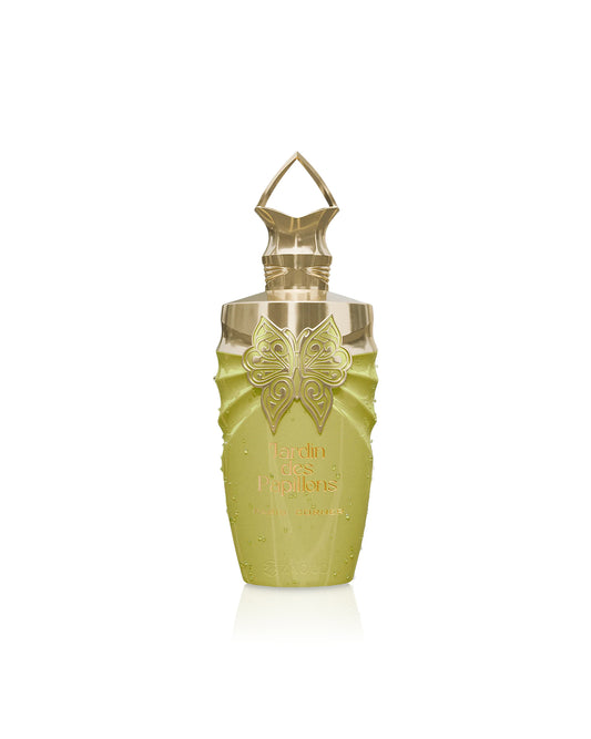 paris corner jardin des papillons perfume Decorative bottle with butterfly design on a white background