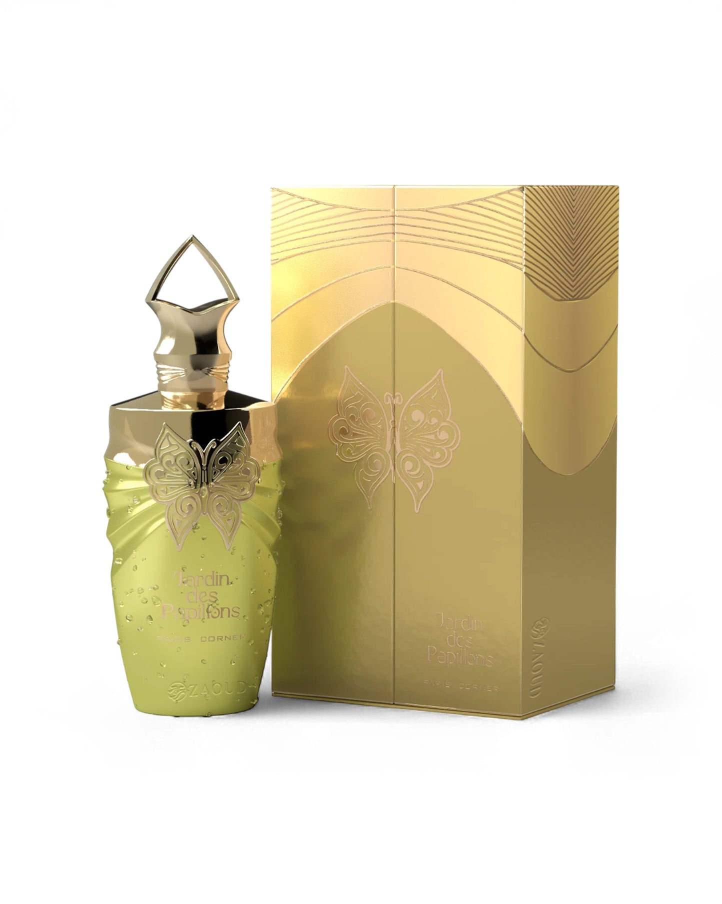 paris corner jardin des papillons perfume Green bottle with gold cap and decorative box on a white background
