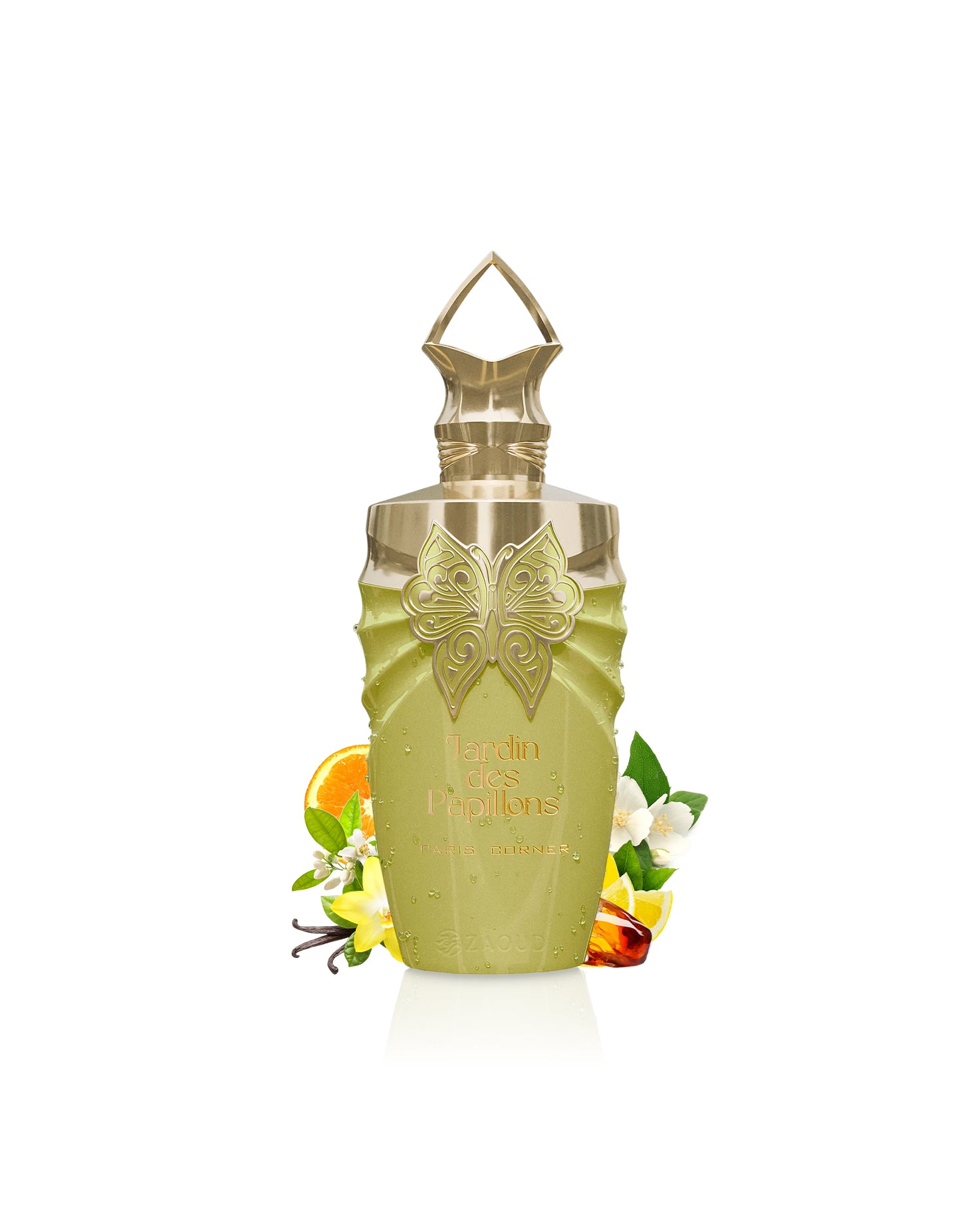 paris corner jardin des papillons perfume Decorative bottle surrounded by vanilla and amber with butterfly design on a white background