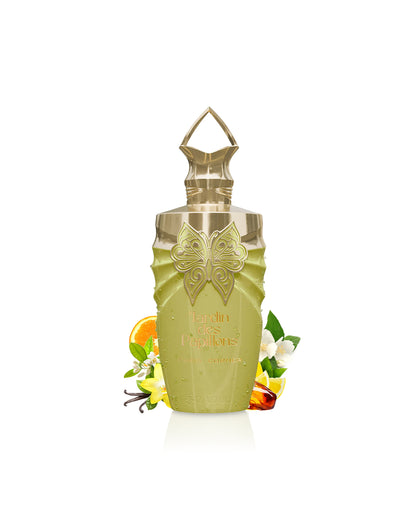 paris corner jardin des papillons perfume Decorative bottle surrounded by vanilla and amber with butterfly design on a white background