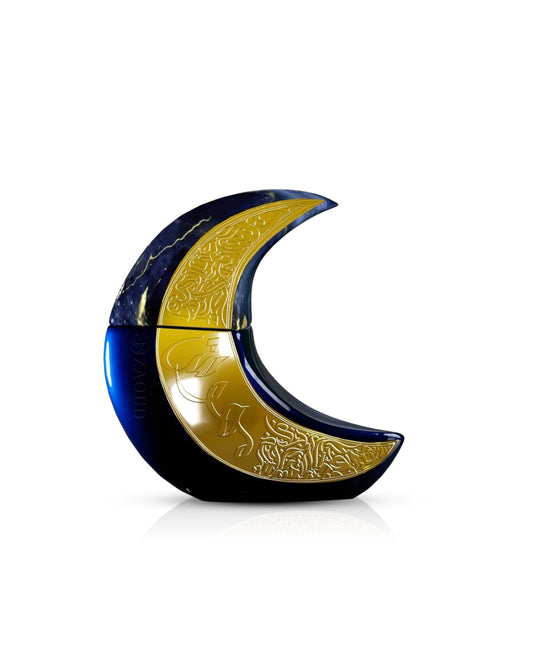 paris corner mehwish moon shape perfume bottle shows against white background